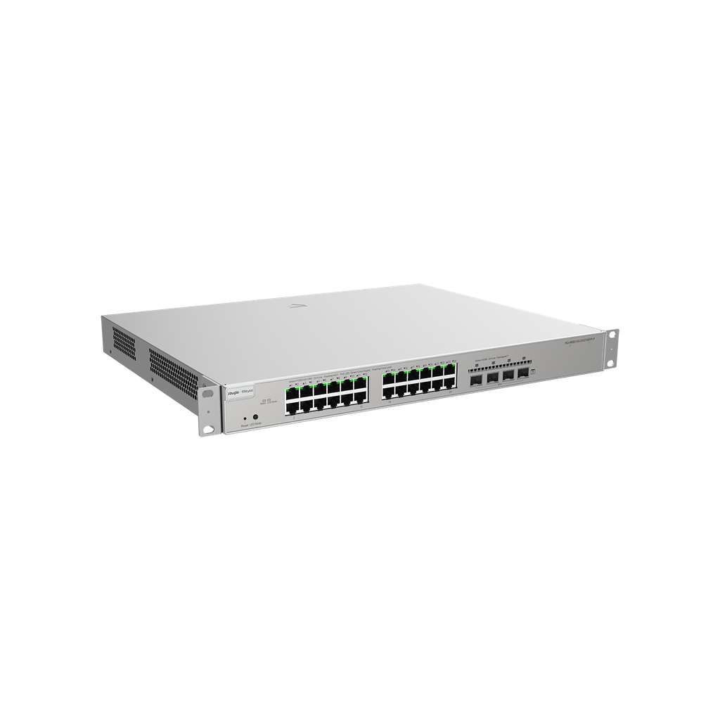 24 × 10/100/1000Base-T copper ports with auto-negotiation, 4 × SFP+ ports, fixed single AC power supply, PoE/PoE+ power supply, 370 W PoE power supply