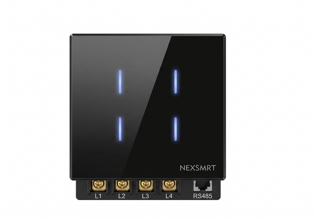 مفتاح حائط ذكي Zigbee رباعي (4Gang) مزوّد ب ريليه 16 أمبير مع توصيل NوL، بتصميم أنيق من زجاج أسود وإطار PC أسود للتحكم بالإضاءة والأجهزة الذكية