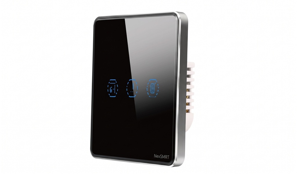 مفتاح حائط ذكي Zigbee للتحكم بالستائر بتصميم زجاج مسطّح، مزوّد ب ريليه16أمبير مع توصيلNوL، وبواجهة زجاج أسود وإطارPCأسود للتحكم الأنيق والموثوق بالستائر الذكية