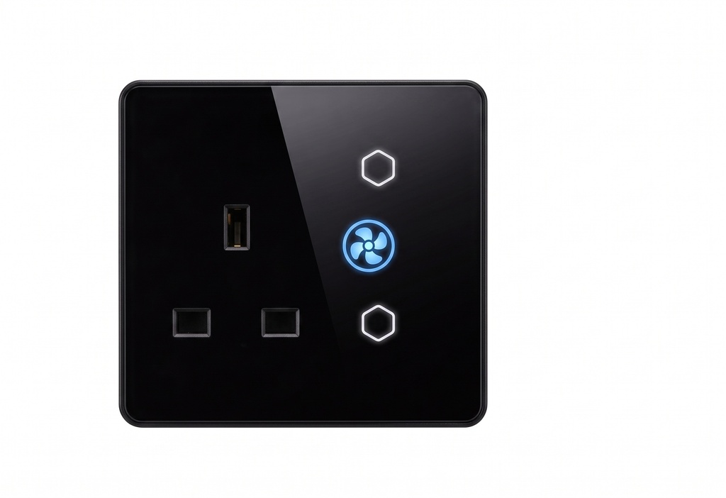 مقبس حائط ذكي Zigbee بمعيار UK بتصميم زجاج مسطّح مع شاحنType-C مدمج، مزوّد بقدرة 16 أمبير وتوصيل NوL، وبواجهة زجاج أسود وإطار PC أسود لمظهر أنيق ووظيفة عملية