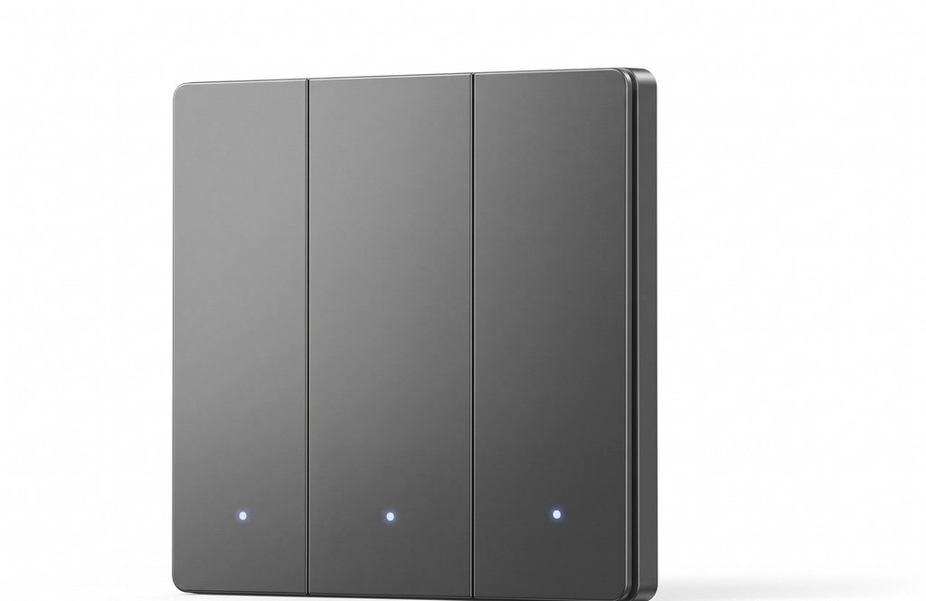 مفتاح زر ذكي (Smart Button Switch) بقدرة 16 أمبير مع توصيل NوL، ثالثي(3Gang) وباللون الأسود، يوفّر تحكمًا عمليًا وأنيقًا بالإضاءة أو الأجهزة الذكية