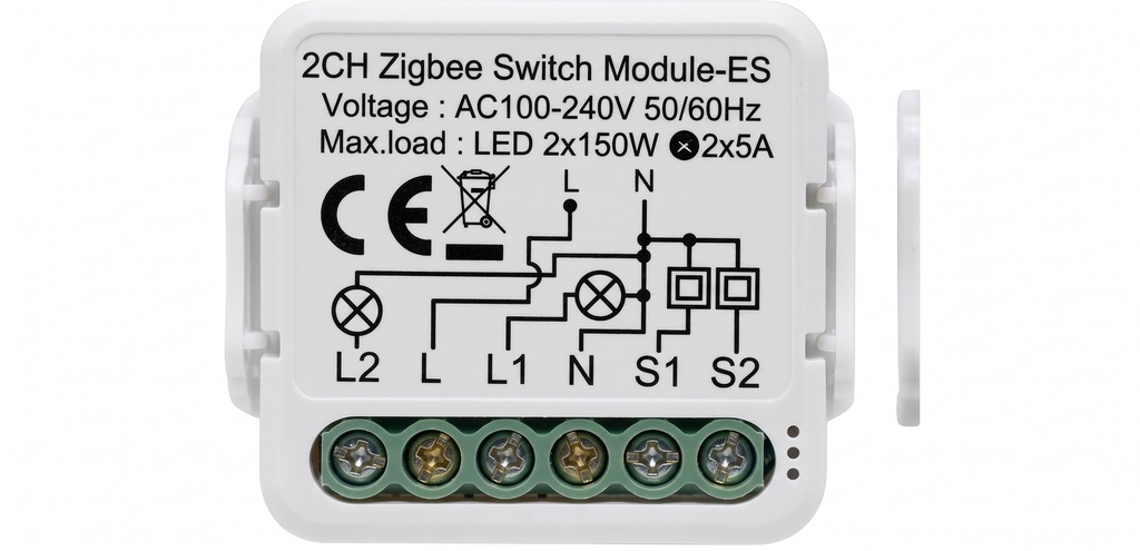 وحدة مفتاح ذكي Zigbee بتوصيلNوL، أحادية (2Gang) وبقدرة 16أمبير، تتيح تحويل المفاتيح التقليدية الحالية إلى مفاتيح ذكية، وتعمل بجهدAC 100–240فولت/50–60هرتز للتحكم الذكي بالإضاءة والأجهزة الكهربائية