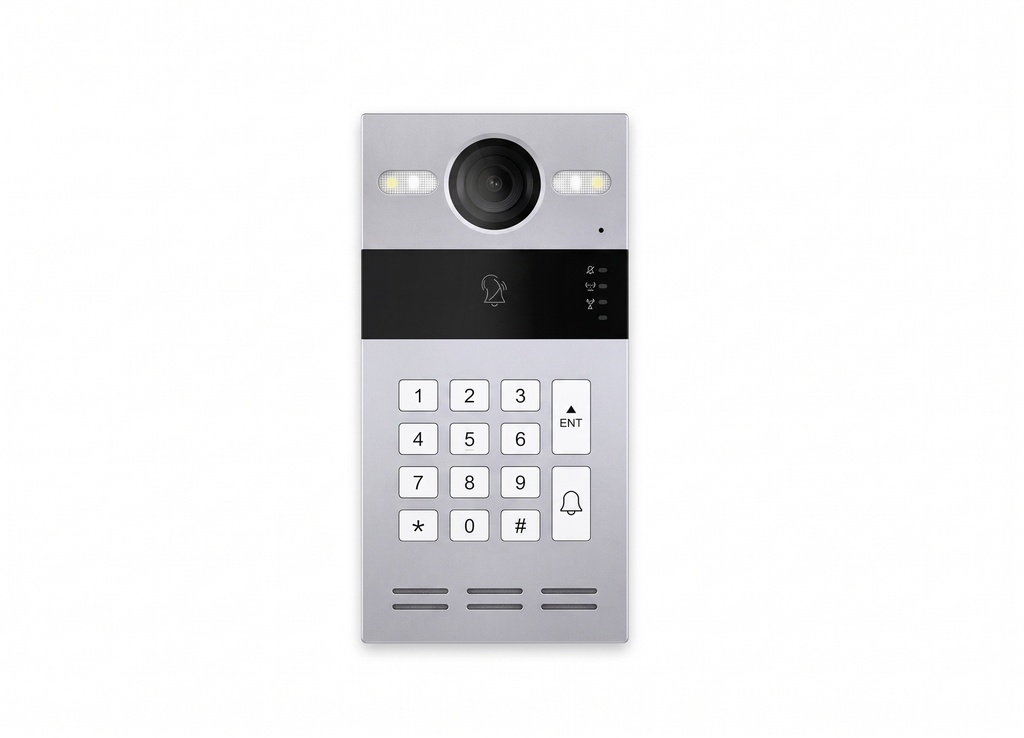 محطة إنتركم خارجية للمباني مزوّدة بلوحة أرقام (Keypad)، قابلة للتكامل مع شاشة المنزل الذكي لتوفير تحكم آمن بالدخول وتواصل صوتي ومرئي سلس مع الزوّار