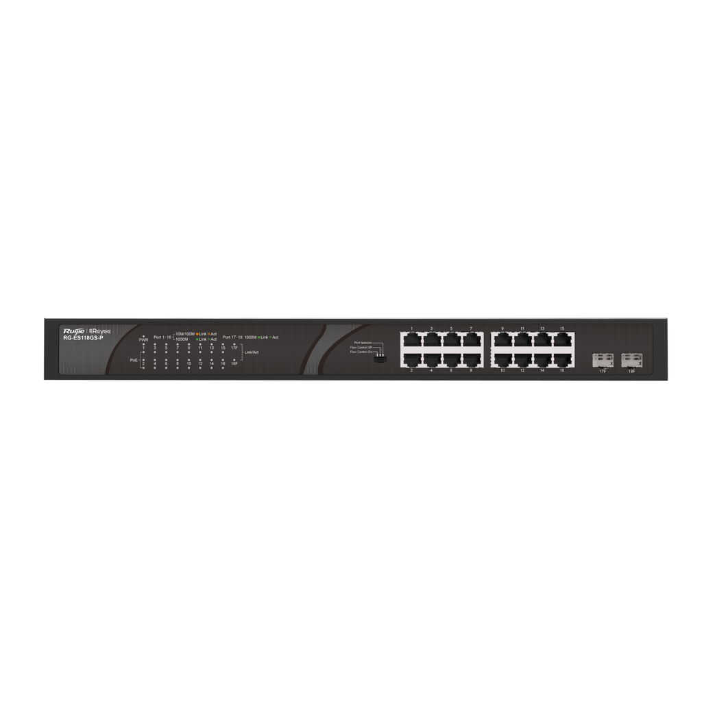 16 x 1000M copper ports and 2 x 1000M uplink SFP combo ports: 16 ports for PoE/PoE+, with the maximum PoE power up to 247 W; unmanaged switch;
