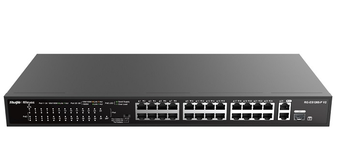 24*10/100Mbps Base-TX Ports(POE, Max PoE budget:370W), 2*10/100/1000Mbps Base-T with 1Combo Uplink Ports