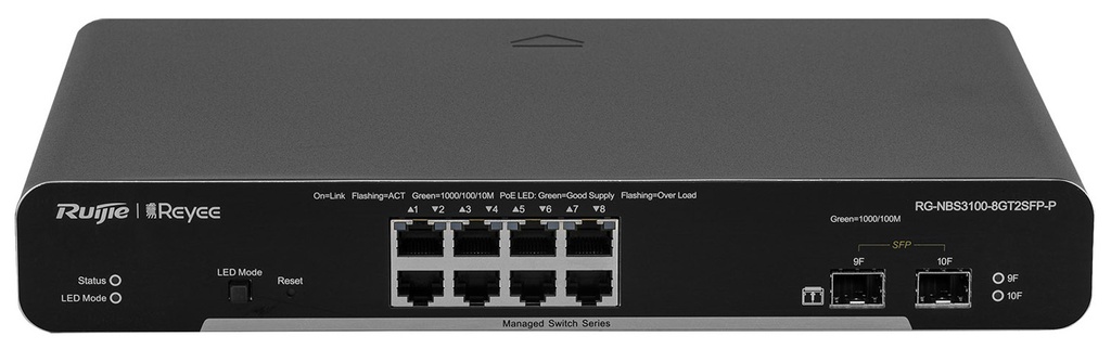 ٌRuijie 8-Port Gigabit L2 Managed POE Switch, 8 Gigabit RJ45 POE/POE+ Ports,2 SFP Slots,125W PoE Power budget, Desktop Steel Case
