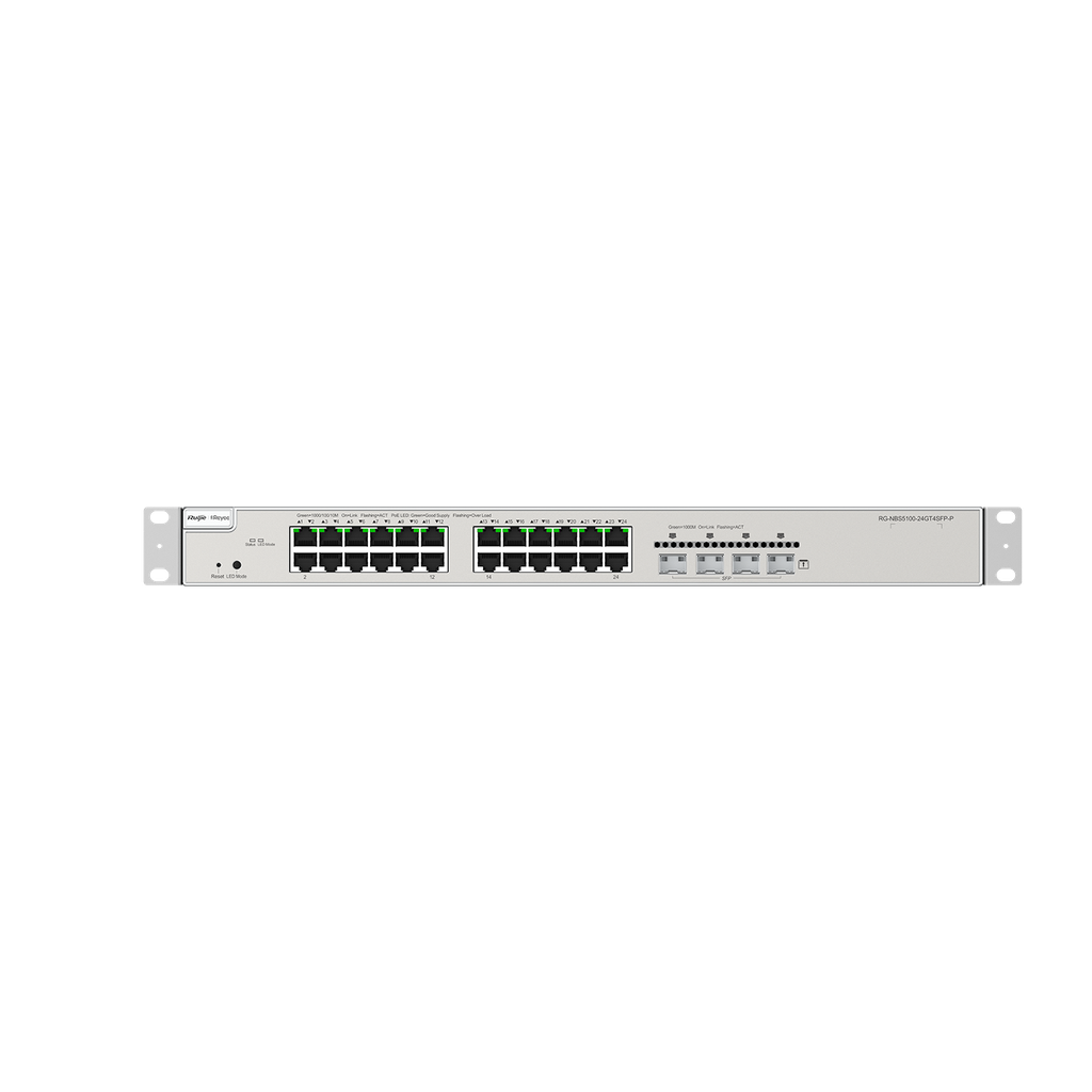24 × 10/100/1000Base-T copper ports with auto-negotiation, 4 × SFP+ ports, fixed single AC power supply, PoE/PoE+ power supply, 370 W PoE power supply