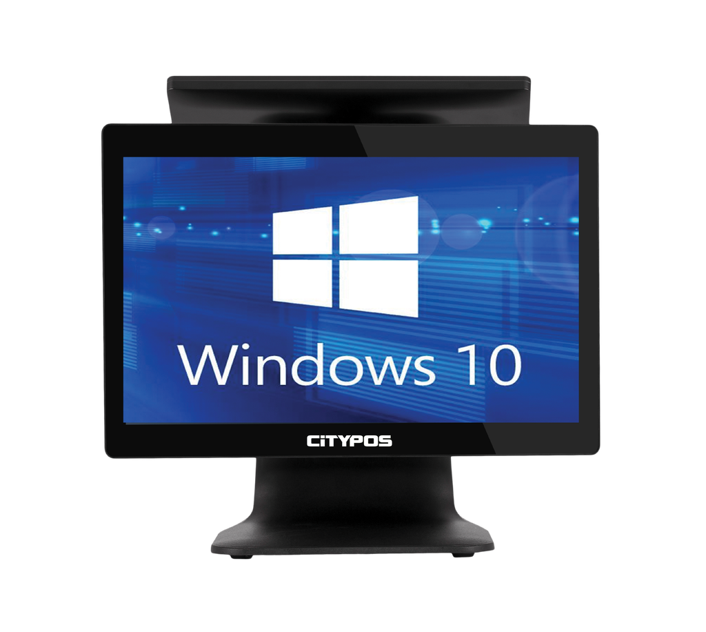 A versatile Point of Sale (POS) system with a rear customer display (VFD).